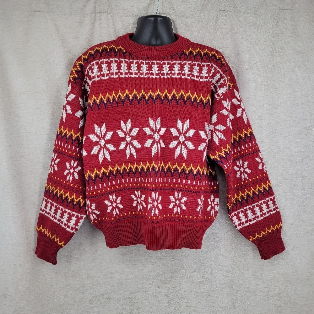 Greatland Vintage 90s Men's Red Nordic Fair Isle Crewneck Sweater